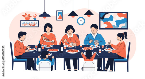 Large family gathers around a long dining table to share a meal together in a cozy home environment with food and drinks.