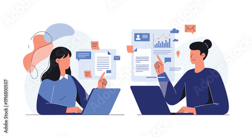 Two professional women collaborating on business project using laptops and analyzing data reports in modern office space.