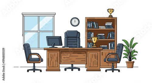Executive director office interior with large wooden desk leather swivel chair bookshelves and decorative awards trophies.