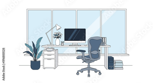 Minimalist professional workspace with large computer monitor ergonomic chair and window showing bright outside view.