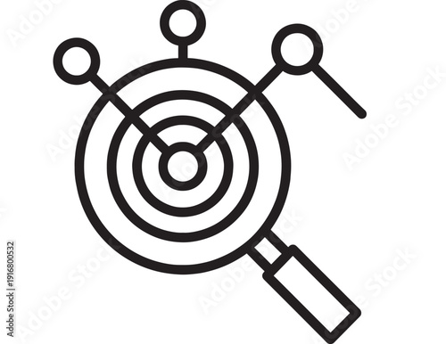 Target audience analysis icon with magnifying glass and connected nodes, depicting marketing research, customer segmentation, analytics strategy and insights