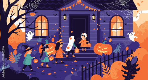 Excited children in creative halloween costumes trick or treating at decorated spooky house with pumpkins and ghosts.
