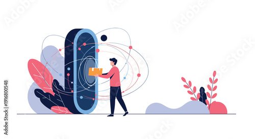 Man delivering package through futuristic digital portal representing advanced global logistics and fast ecommerce shipping.