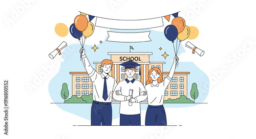 Joyful students celebrating graduation ceremony in front of school building with balloons diplomas and happy expressions.