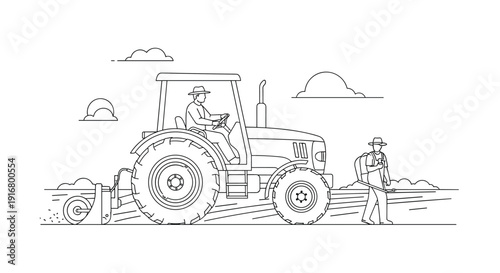 Detailed line art illustration of farmer driving large tractor in field while another worker sprays crops at distance.