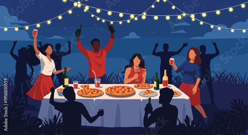 Friends enjoying backyard pizza party at night under string lights with silhouettes of people dancing and drinking.