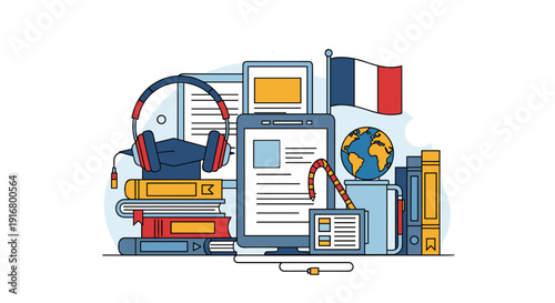 Concept of online french language learning with books headphones tablet and globe icons featuring national flag colors.
