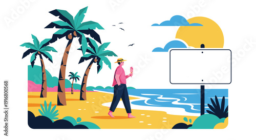 Relaxed man in casual clothes walking on tropical beach with palm trees and blank billboard sign at sunset scenery.