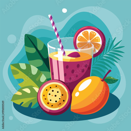 Tropical smoothie in a glass with straw