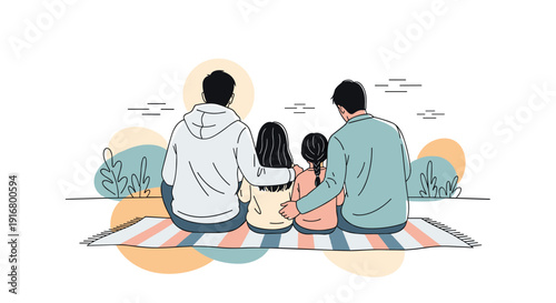 Peaceful family of four sitting on picnic blanket in park looking at colorful sunset over distant hills and nature.