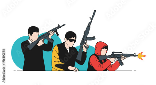 Three tactical team members holding rifles and preparing for mission or training exercise in graphic vector style.