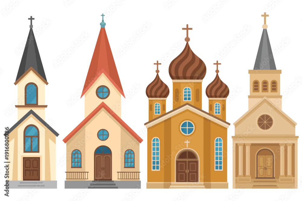 Obraz premium Traditional Church Buildings Vector Set, Flat Cartoon Illustration of Christian Chapels, Cathedrals, and Religious Architecture Icons Featuring Catholic and Orthodox Styles for Cultural and Religious 