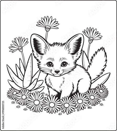 Cute animal with beautiful flowers coloring page for kids and adults, black line art vector illustration for 
activity page or book design