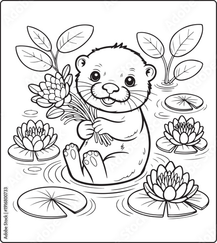 Cute animal with beautiful flowers coloring page for kids and adults, black line art vector illustration for 
activity page or book design