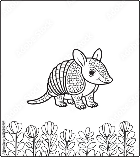 Cute animal with beautiful flowers coloring page for kids and adults, black line art vector illustration for 
activity page or book design