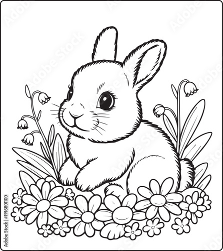Cute animal with beautiful flowers coloring page for kids and adults, black line art vector illustration for 
activity page or book design