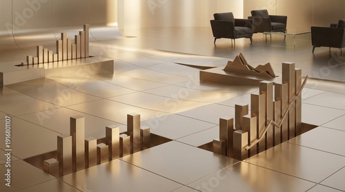 Abstract golden bar graphs and line charts emerge from polished surfaces, depicting financial progress, market analysis, and the dynamic nature of corporate success