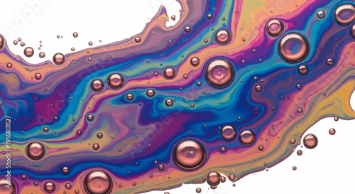 Vibrant liquid abstract with colorful swirls and bubbles isolated on white background