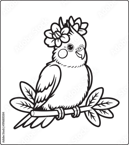 Cute animal with beautiful flowers coloring page for kids and adults, black line art vector illustration for 
activity page or book design
