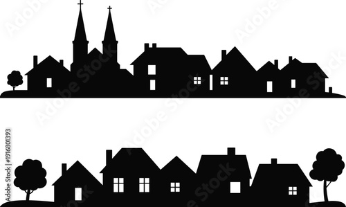 town, city, skyline, silhouette, architecture, houses, church, steeple, cross, residential, neighborhood, urban, suburban, buildings, trees, roof, windows, community, village, design, landscape