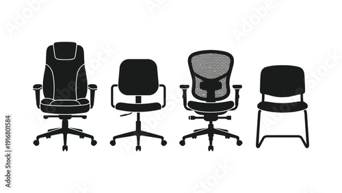 Office Chairs in Various Designs Isolated on White Background