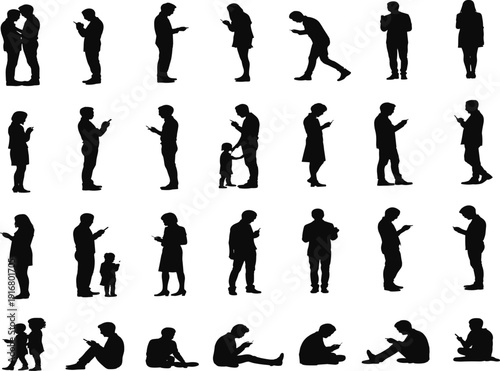 Black Silhouettes of People Using Smartphones in Various Poses Including Standing Sitting and Walking Representing Digital Addiction Mobile Technology and Social Media Communication
