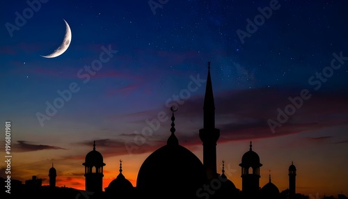 Ramadhan Night Landscape with Crescent Moon Above Mosque Dome Silhouette Under Dramatic Sunset Sky, Islamic Spiritual Background for Muslim Celebration