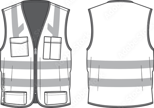 High visibility safety vest technical fashion illustration with front and back views, reflective stripes, zipper closure and utility pockets isolated on white background.