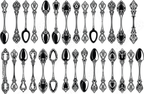 Vintage ornate spoon collection in black and white, featuring decorative antique silverware designs with intricate baroque patterns isolated on white background illustration.