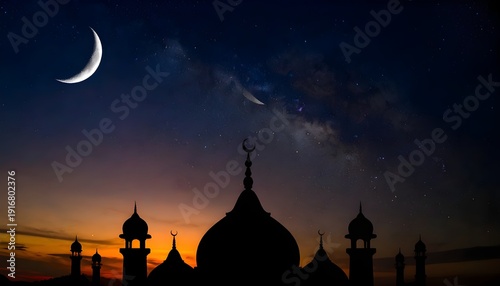 Holy Ramadhan Evening Scene with Crescent Moon and Mosque Silhouette in Sunset Sky, Spiritual Islamic Background for Muslim Festival