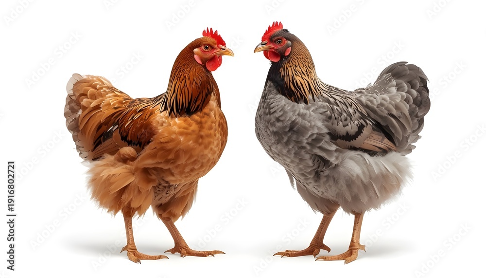 Fototapeta premium Two chickens standing side by side on a white background