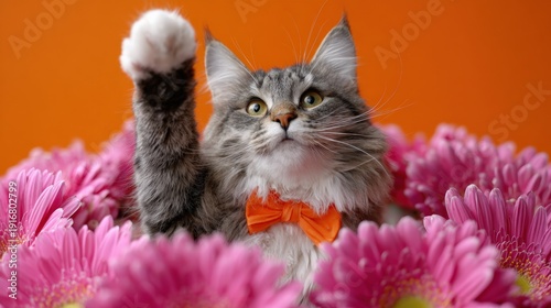 Playful cat with bow tie among pink flowers on orange background