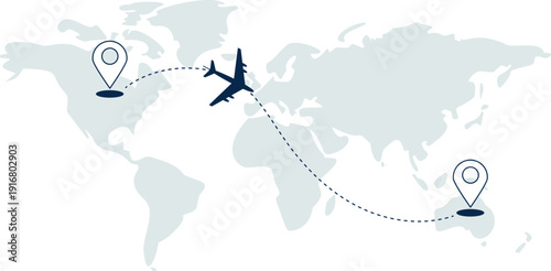 International flight route on world map. Airplane travel