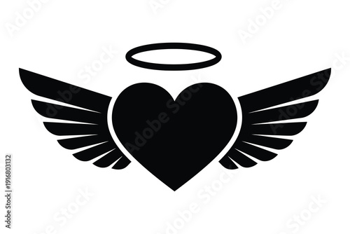 Angel heart icon with spread wings and halo symbol representing love purity and kindness