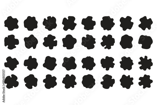 Black ink blots set, abstract paint splashes isolated on white background, design element