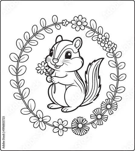 Cute animal with beautiful flowers coloring page for kids and adults, black line art vector illustration for 
activity page or book design