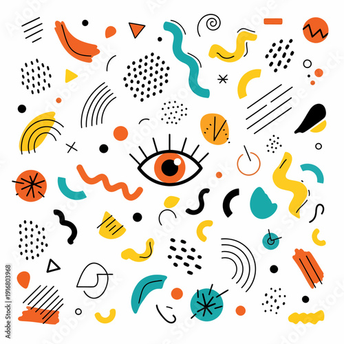 Central eye illustration amid colorful abstract doodles.