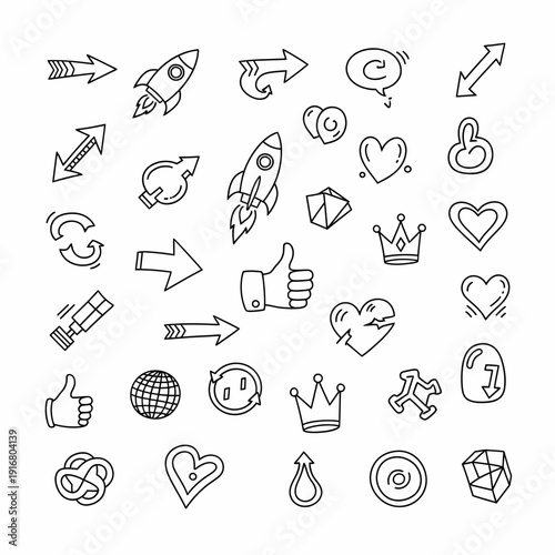 Collection of hand drawn doodle icons and symbols.