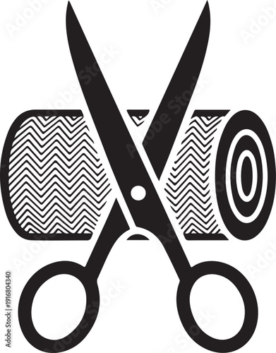 Black and white icon of scissors cutting a roll of patterned fabric
