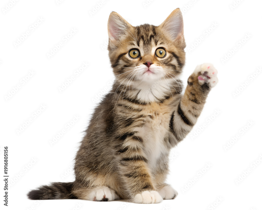 Fototapeta premium Cute Kitten Waving Paw | Tabby Baby Cat Raising Hand Adorable Pose