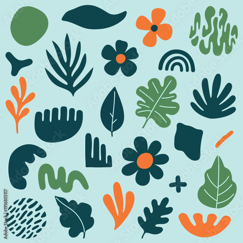 Tropical Leaves and Flowers Botanical Pattern Illustration.
