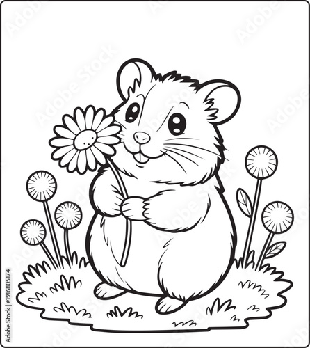 Cute animal with beautiful flowers coloring page for kids and adults, black line art vector illustration for 
activity page or book design