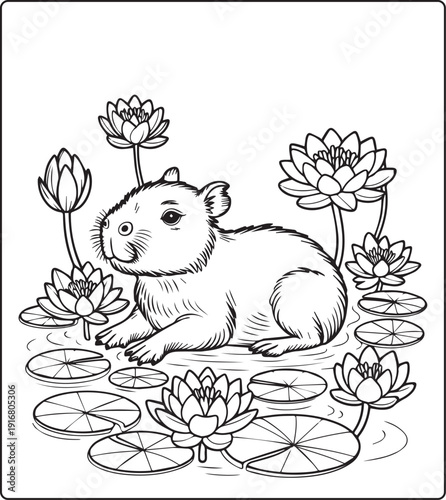 Cute animal with beautiful flowers coloring page for kids and adults, black line art vector illustration for 
activity page or book design
