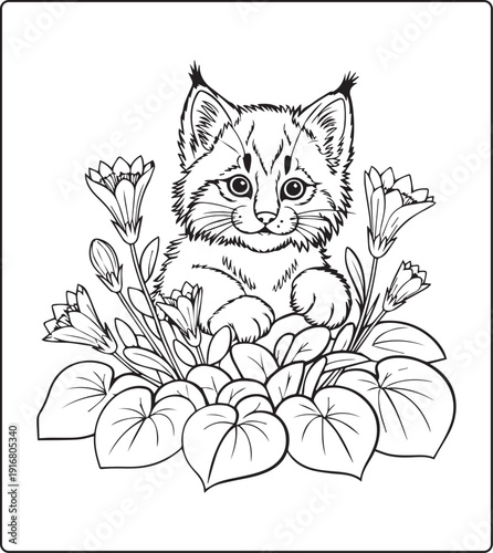 Cute animal with beautiful flowers coloring page for kids and adults, black line art vector illustration for 
activity page or book design