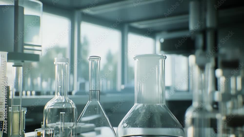 Laboratory glassware flasks and beakers with clear liquids on a ...