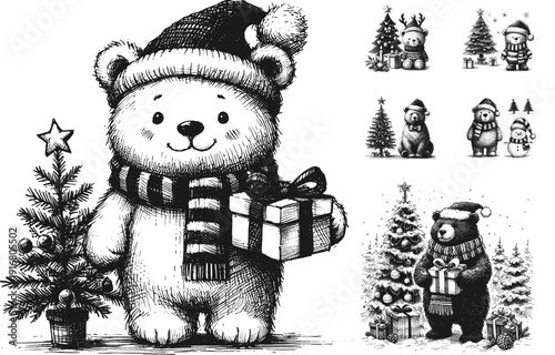 Bears Christmas line art drawing ink sketch vector hand drawn illustration svg