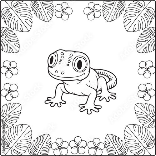 Cute animal with beautiful flowers coloring page for kids and adults, black line art vector illustration for 
activity page or book design