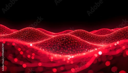A vibrant red digital landscape with glowing dots and waves on a dark background