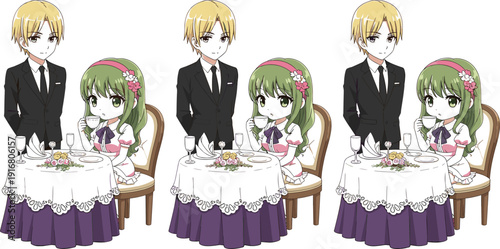 Chibi Anime Couple Romantic Dinner Date Elegant Restaurant Table Cute Manga Style Characters Formal Outfit Valentine Illustration Isolated Vector Set