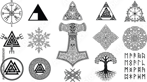 Norse Viking Symbols Set Valknut Mjolnir Vegvisir Runes Celtic Knot Tree of Life Scandinavian Mythology Black Vector Illustration Collection
